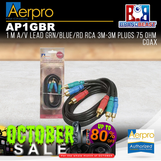 Aerpro AP1GBR 1M A/V Lead Green/Blue/Red RCA 3m to 3m Plugs 75 Ohm Coax