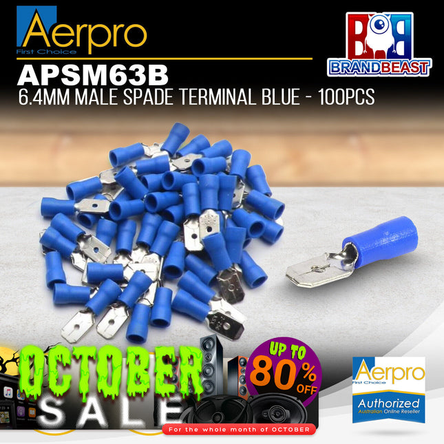 Aerpro APSM63B 6.4mm Male Spade Terminal Blue - 100pcs