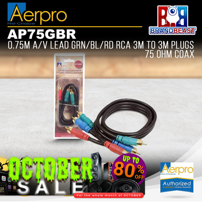 Aerpro AP75GBR .75M A/V Lead Green/Blue/Red RCA 3m to 3m Plugs 75 Ohm Coax