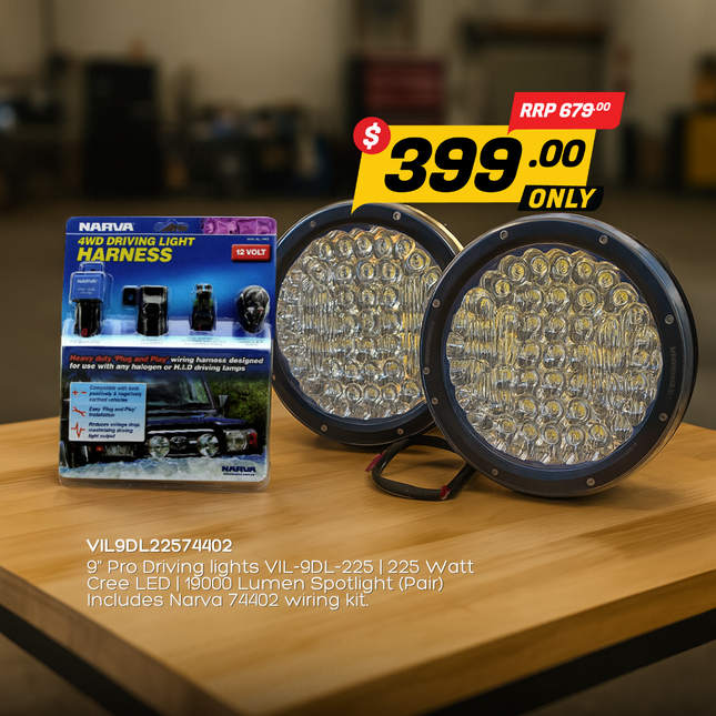 Villain Lighting VIL-9DL-225 9" Pro Driving Lights 225 Watt Cree LED 19000 Lumen Spotlight (Pair) with Narva 74402 12V 4WD Driving Light Wiring Harness Package
