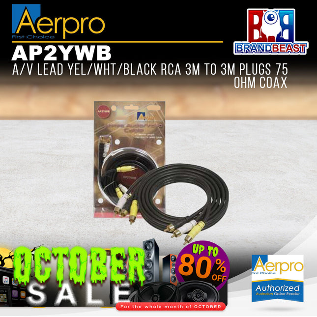 Aerpro AP2YWB 2M A/V Lead Yellow/White/Black RCA 3m to 3m Plugs 75 Ohm Coax