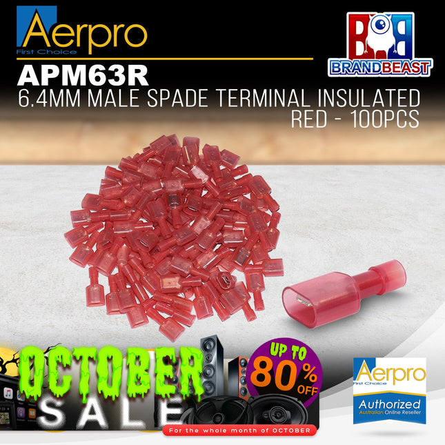 Aerpro APM63R 6.4mm Male Spade Terminal Insulated Red - 100pcs