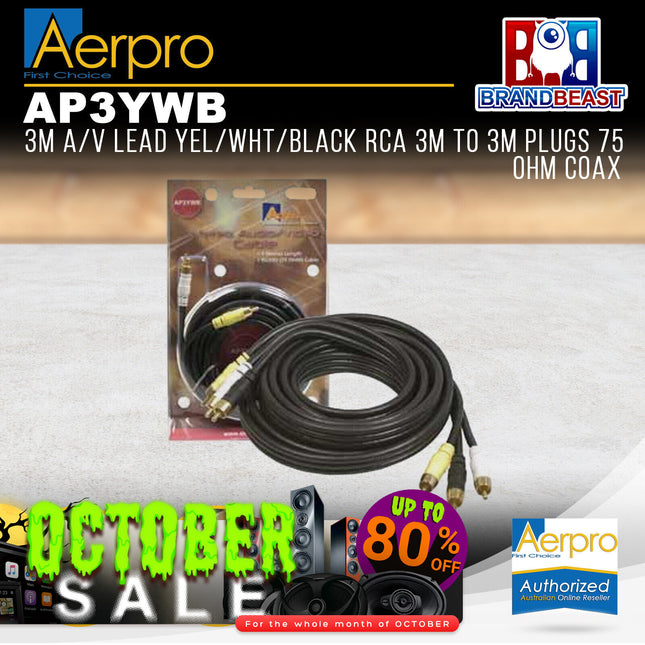 Aerpro AP3YWB 3M A/V Lead Yellow/White/Black RCA 3 Male to 3 Male Plugs 75 Ohm