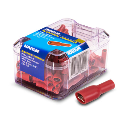 Narva 56142 Red Female Crimp Terminal 6.3 x 0.8mm Blade Connector Vinyl Insulated 100 Pack