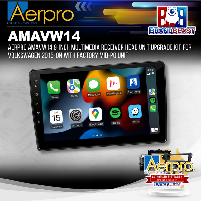 AERPRO AMAVW14 9-Inch Multimedia Receiver Head Unit Upgrade Kit for Volkswagen 2015-On with Factory MIB-PQ Unit