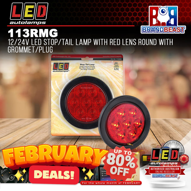 LED Autolamps 113RMG 12/24V LED Stop/Tail Lamp Red Lens Round Grommet/Plug