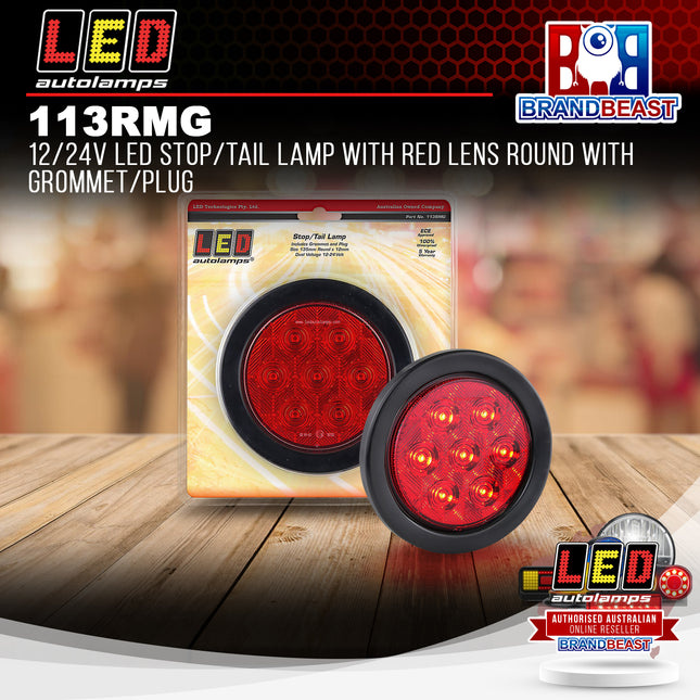 LED Autolamps 113RMG 12/24V LED Stop/Tail Lamp Red Lens Round Grommet/Plug
