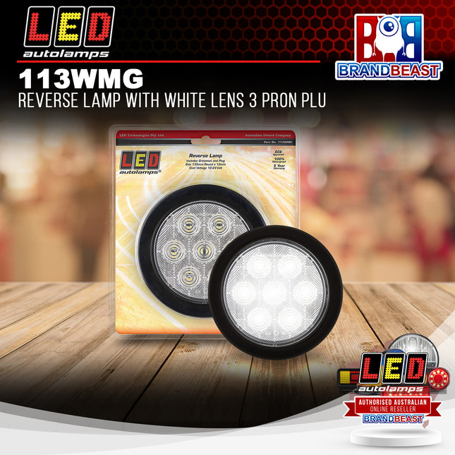 LED Autolamps 113WMG Reverse Lamp With White Lens 3 Pron Plug