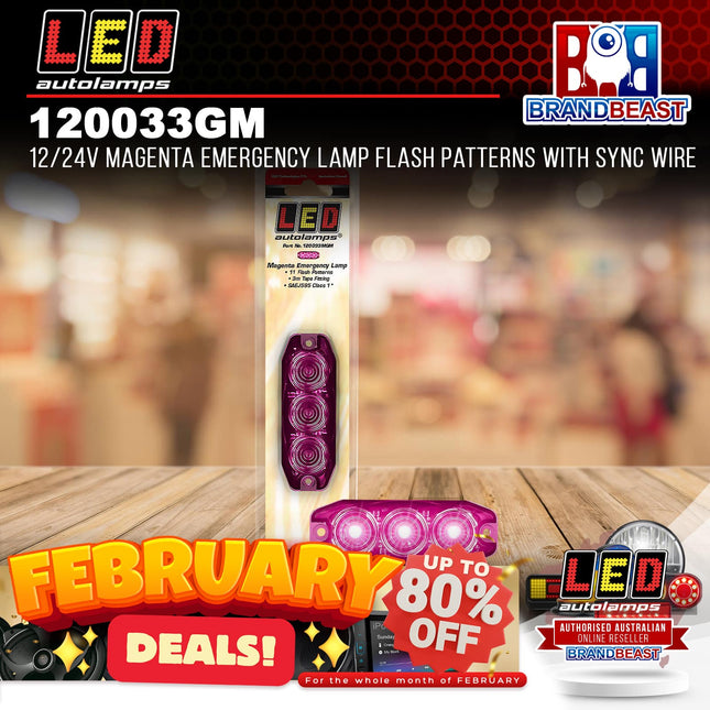 LED Autolamps 120033MGM 12/24V Magenta Emergency Lamp Flash Patterns Sync Wire