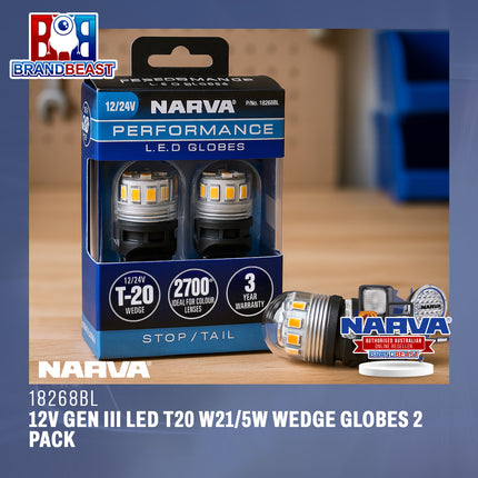 NARVA 18268BL 12V Gen III LED T20 W21/5W Wedge Globes 2 Pack