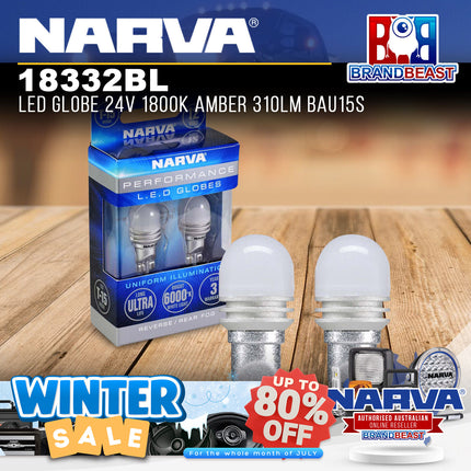 Narva 18332BL 24V BAU15S Indicator LED Globes 1800K Amber