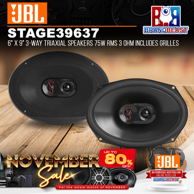 JBL STAGE3 9637 6" x 9" 3-Way Triaxial Speakers 75W RMS 3 Ohm Includes Grilles