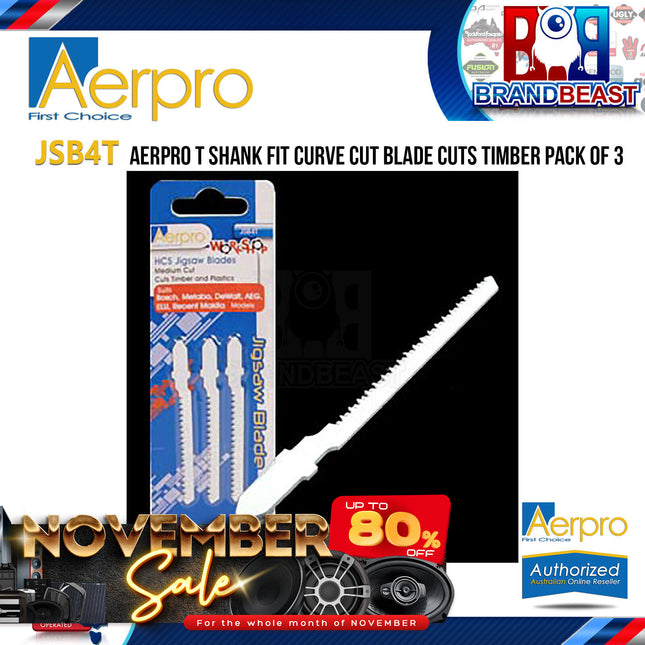 Aerpro JSB4T T Shank Fit Curve Cut Blade Cuts Timber Pack of 3