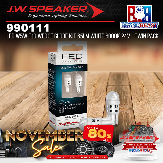 J.W. Speaker 990111 LED W5W T10 Wedge Globe Kit 65LM White 6000K 24V - Twin Pack
