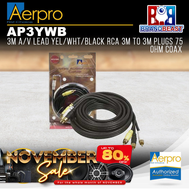 Aerpro AP3YWB 3M A/V Lead Yellow/White/Black RCA 3 Male to 3 Male Plugs 75 Ohm
