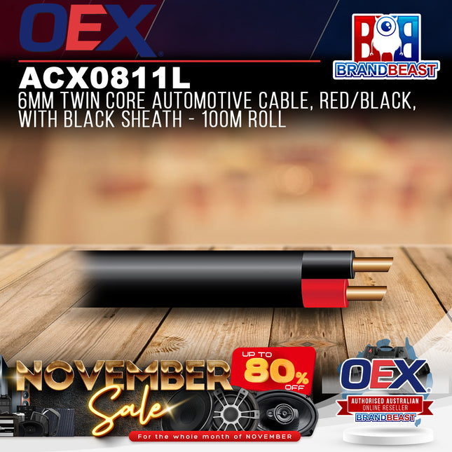 OEX ACX0811L 6mm Twin Core Automotive Cable, Red/Black, With Black Sheath - 100m