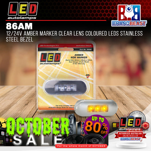 LED Autolamps 86AM 12/24V Amber Marker Clear Lens Coloured LEDs Stainless Steel