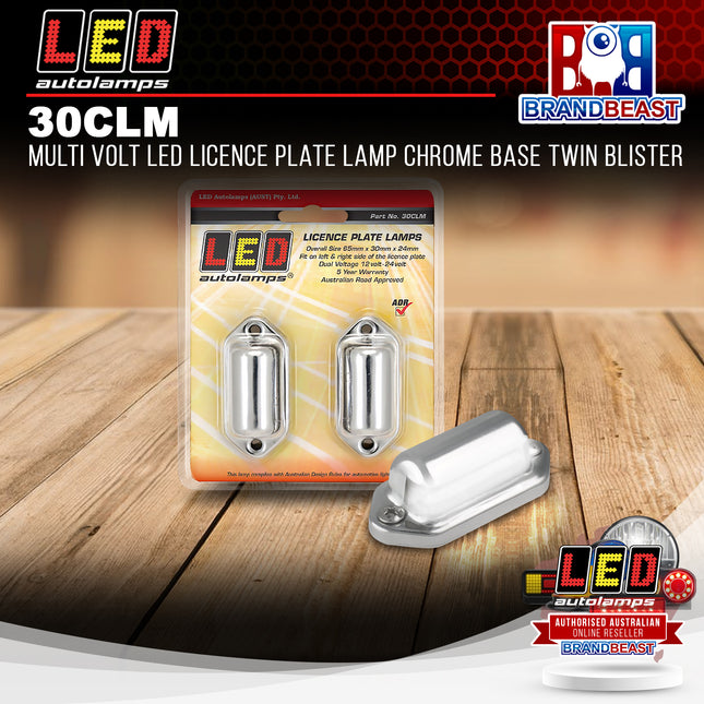 LED Autolamps 30CLM Multi Volt LED Licence Plate Lamp Chrome Base Twin Blister