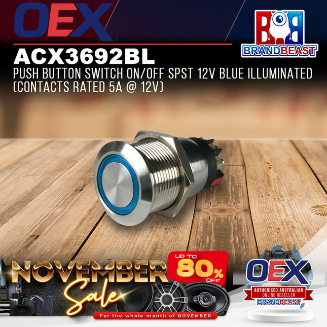 OEX ACX3692BL Push Button Switch On/Off SPST 12V Blue Illuminated (Contacts Rate