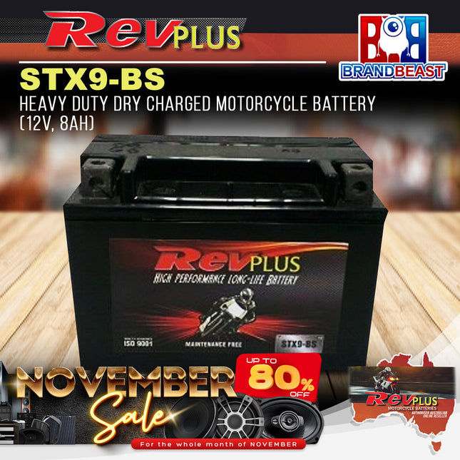 RevPLUS STX9-BS Heavy Duty Dry Charged Motorcycle Battery (12V, 8Ah)
