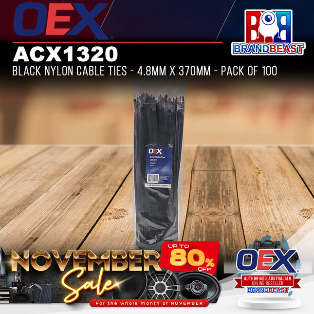 OEX ACX1320 Black Nylon Cable Ties - 4.8mm x 370mm - Pack of 100