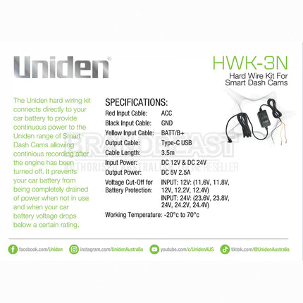 UNIDEN HWK-3 - Hard Wire Kit for Smart Dash Cams with USB-C