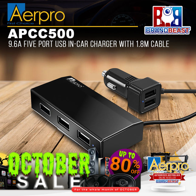 Aerpro APCC500 9.6A Five Port USB In-Car Charger With 1.8M Cable