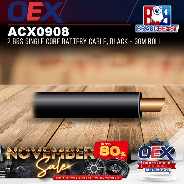 OEX ACX0908 2 B&S Single Core Battery Cable, Black - 30m Roll