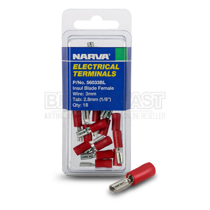 Narva 56033BL Crimp Terminal Female Blade Red Insulated 3mm - 18 Pce