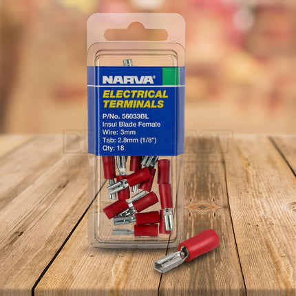 Narva 56033BL Crimp Terminal Female Blade Red Insulated 3mm - 18 Pce