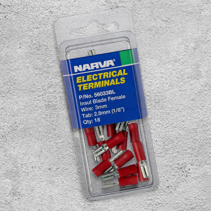 Narva 56033BL Crimp Terminal Female Blade Red Insulated 3mm - 18 Pce