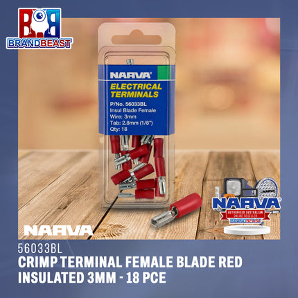 Narva 56033BL Crimp Terminal Female Blade Red Insulated 3mm - 18 Pce