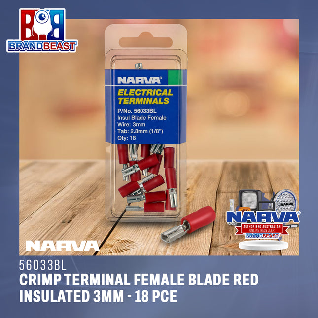 Narva 56033BL Crimp Terminal Female Blade Red Insulated 3mm - 18 Pce