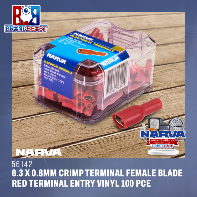 Narva 56142 Red Female Crimp Terminal 6.3 x 0.8mm Blade Connector Vinyl Insulated 100 Pack