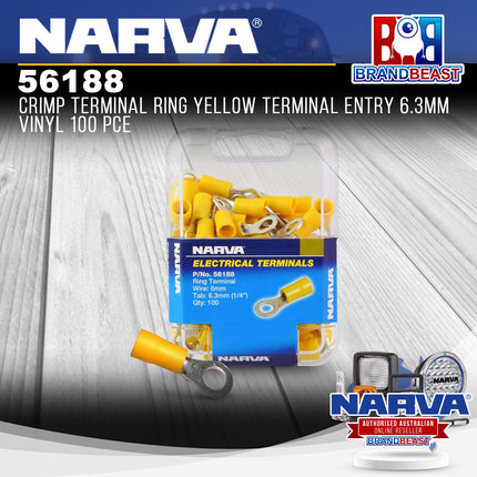 Narva 56188 Crimp Terminal Ring Yellow Terminal Entry 6.3mm Vinyl 100 Pce