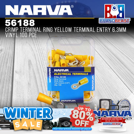 Narva 56188 Crimp Terminal Ring Yellow Terminal Entry 6.3mm Vinyl 100 Pce