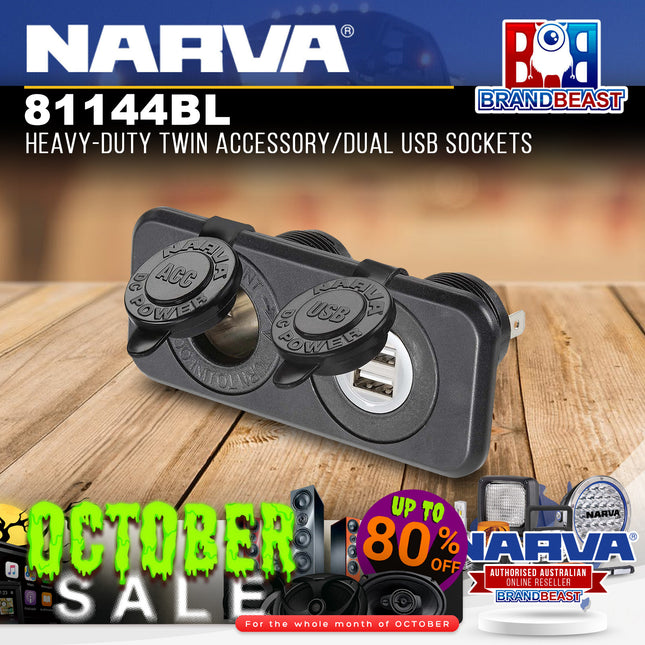 Narva 81144BL 12-24V Heavy-Duty Twin Accessory/Dual USB Sockets