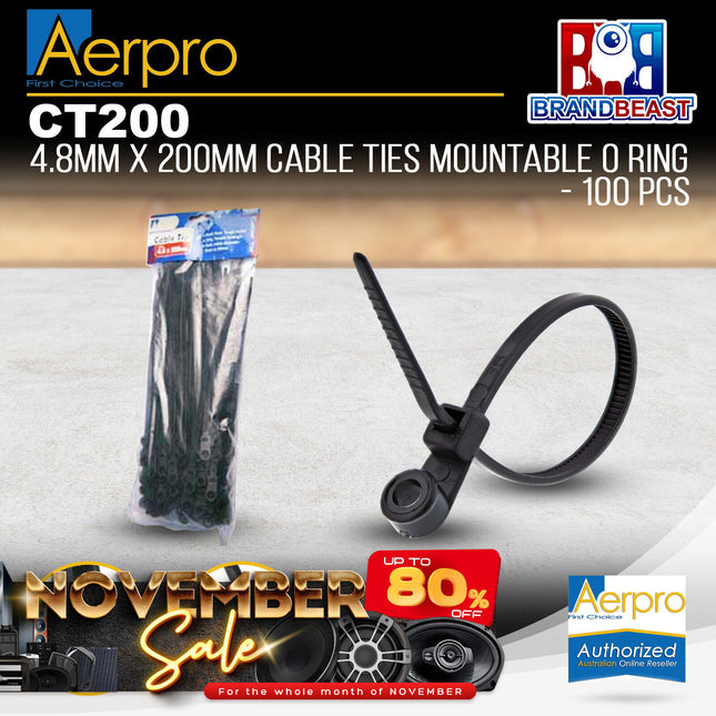 Aerpro CT200 4.8mm x 200mm Cable Ties 100 Pack Mountable O Ring