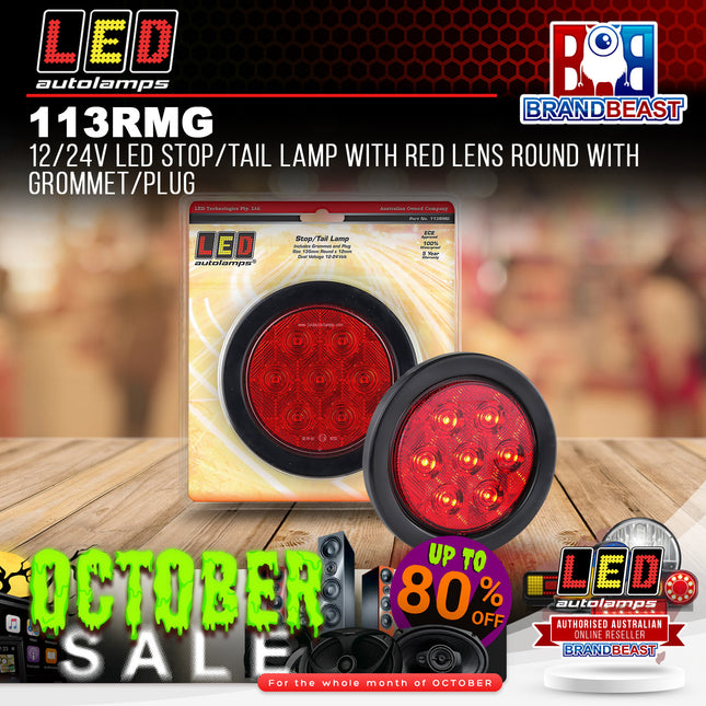 LED Autolamps 113RMG 12/24V LED Stop/Tail Lamp Red Lens Round Grommet/Plug
