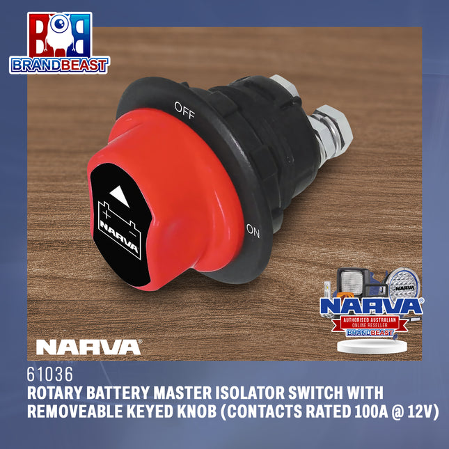 Narva 61036 Rotary Battery Master Isolator Switch With Removeable Keyed Knob (Contacts Rated 100A @ 12V)