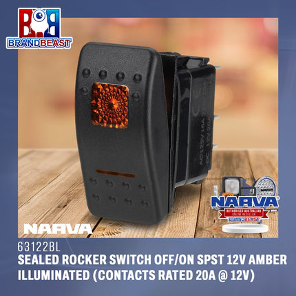 Narva 63122BL Sealed Rocker Switch Off/On SPST 12V Amber Illuminated (Contacts Rated 20A @ 12V)