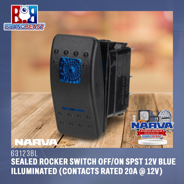 Narva 63123BL Sealed Rocker Switch Off/On SPST 12V Blue Illuminated (Contacts Rated 20A @ 12V)