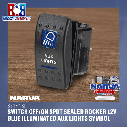 Narva 63144BL Switch Off/On SPDT Sealed Rocker 12V Blue Illuminated Aux Lights Symbol (Contacts Rated 20A @ 12V)