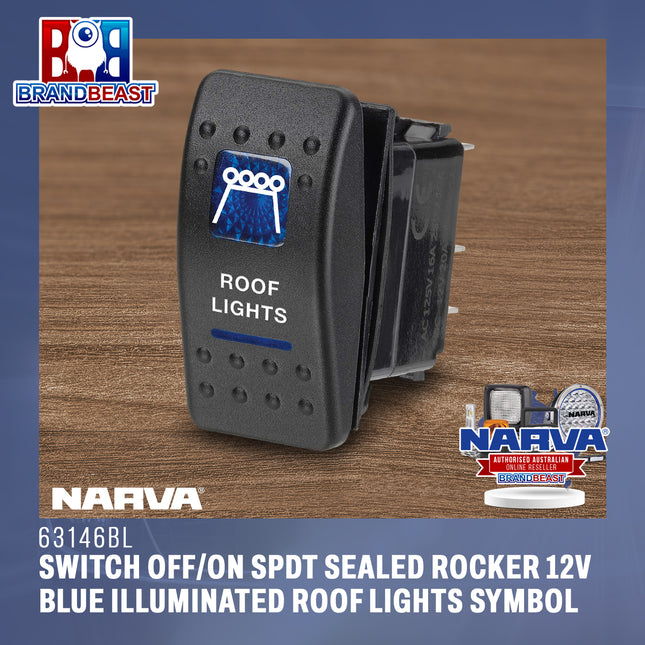 Narva 63146BL Switch Off/On SPDT Sealed Rocker 12V Blue Illuminated Roof Lights Symbol (Contacts Rated 20A @ 12V)