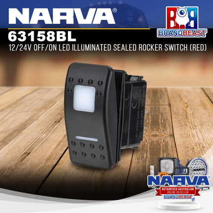 Narva 63158BL Sealed Rocker Switch Off/On SPST 12V/24V Red LED (Contacts Rated 20A @ 12V)