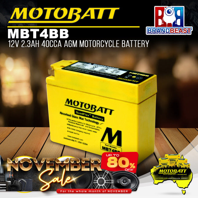 Motobatt MBT4BB 12V 2.3Ah 40CCA AGM Motorcycle Battery With Quadflex Technology