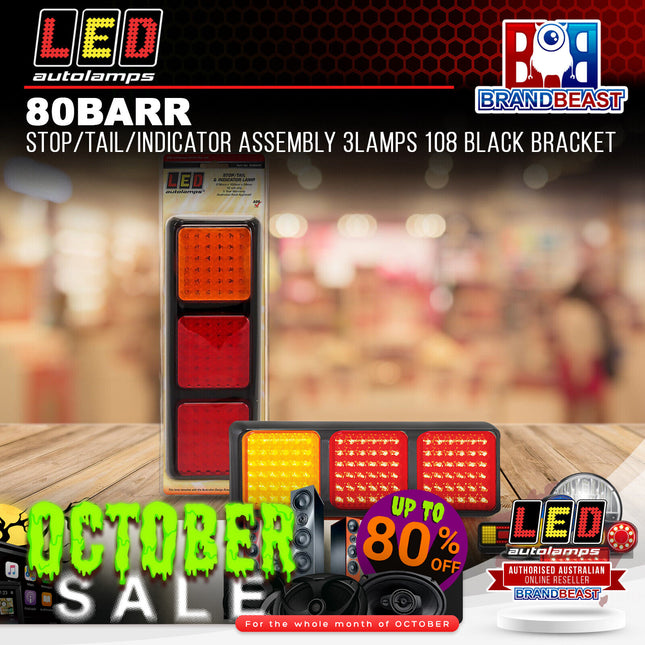 LED Autolamps 80BARR 12V Stop/Tail/Indicator Assembly 3 Lamps With 108 LEDs Black Bracket
