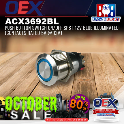 OEX ACX3692BL Push Button Switch On/Off SPST 12V Blue Illuminated (Contacts Rate
