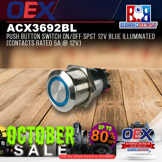 OEX ACX3692BL Push Button Switch On/Off SPST 12V Blue Illuminated (Contacts Rate