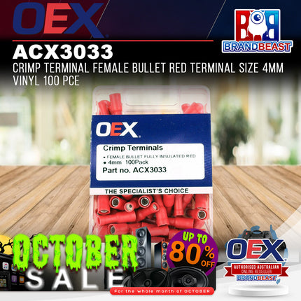 OEX ACX3033 Crimp Terminal Female Bullet Red Terminal Size 4mm Vinyl 100 Pce